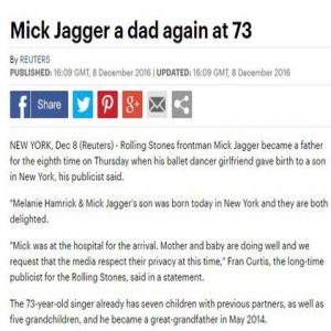 第八次当爸爸！滚石乐队主唱73岁又当爹