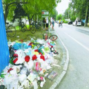 公交站旁扔满烂菜叶 堆了5天依然没人清