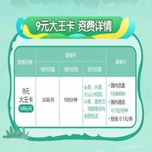 中国电信推出大王卡套餐，9元享3GB流量+100分钟通话
