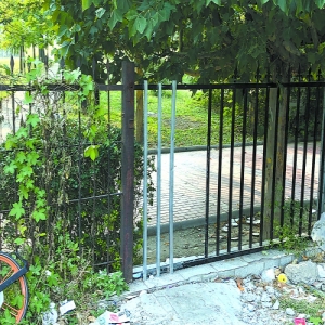 金隅南湖公园门前 围栏上扒豁口断头路荒草生